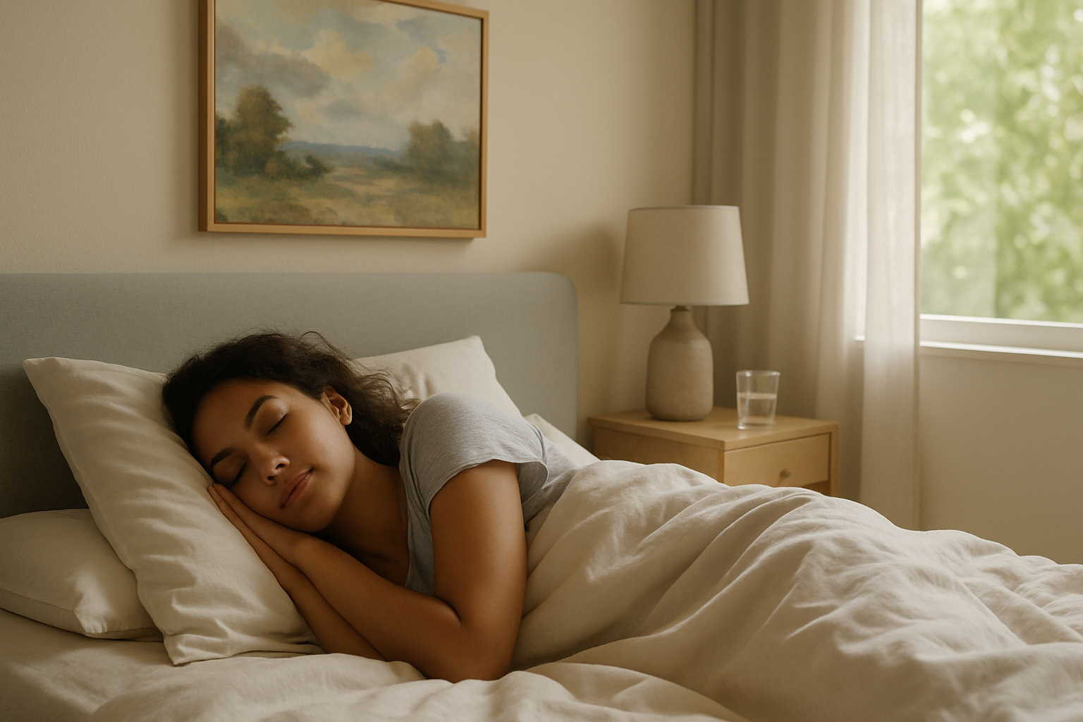 photographic A woman asleep looking very relaxed in a contemporary bedroom soft colors a painting behind bed and a table next to bed Window with gre photographic A woman asleep looking very relaxed in a contemporary bedroom soft colors a painting behind bed and a table next to bed Window with gre
