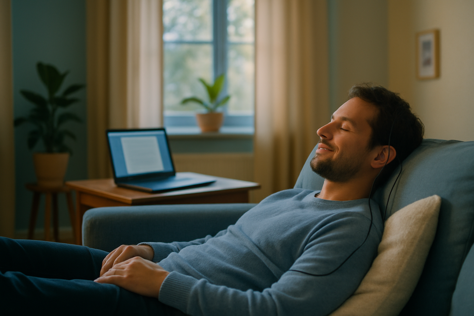 photographic The image depicts a serene softly lit living room neurofeedback training In the center a comfortable couch with person lying on it There photographic The image depicts a serene softly lit living room neurofeedback training In the center a comfortable couch with person lying on it There