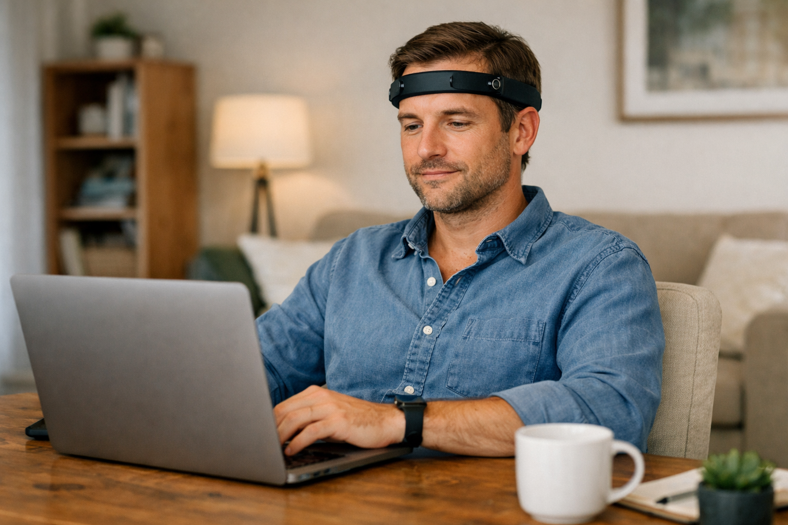 photographic What the Image Should ShowA person adult in a home or calm office settingSitting comfortablyWearing neurofeedback sensors or headbandLapt-1