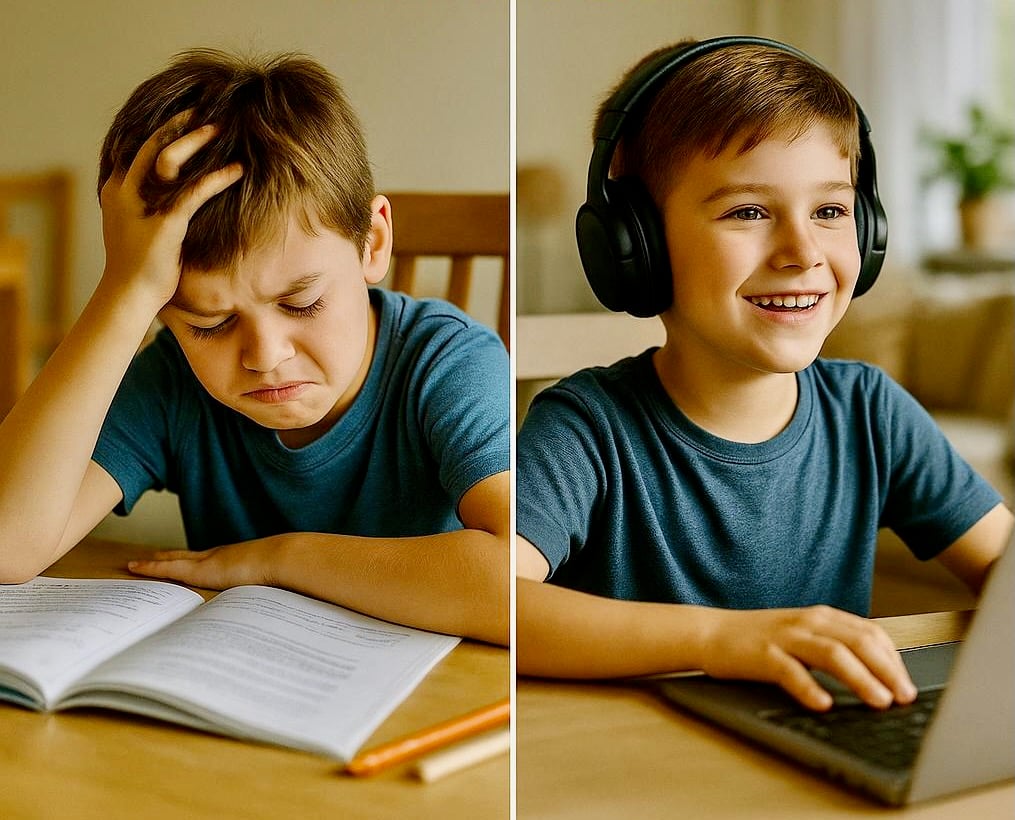 Boy frustrated then happy Boy frustrated then happy