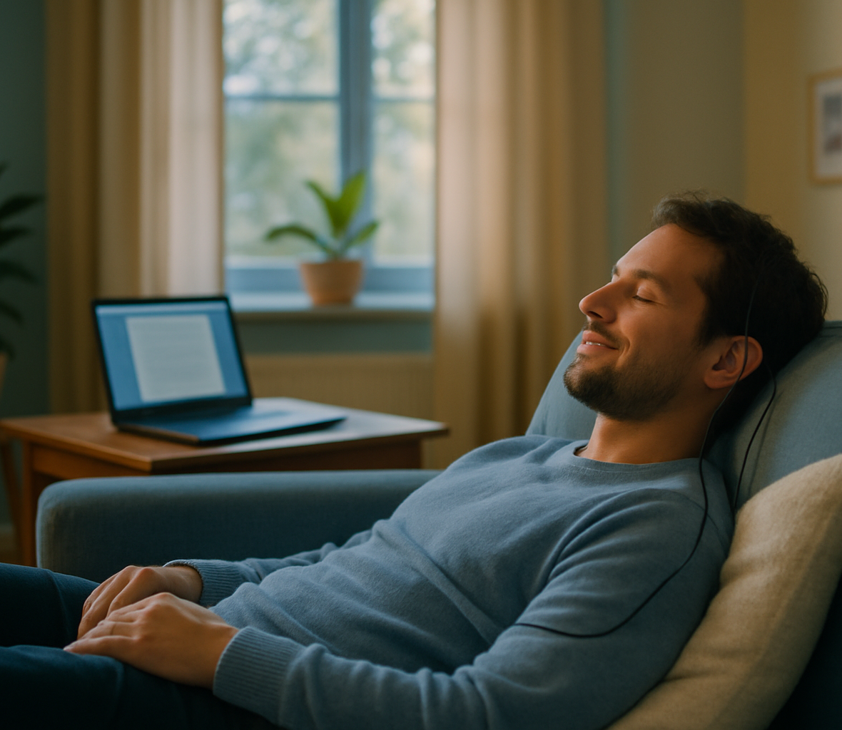 photographic The image depicts a serene softly lit living room neurofeedback training In the center a comfortable couch with person lying on it There